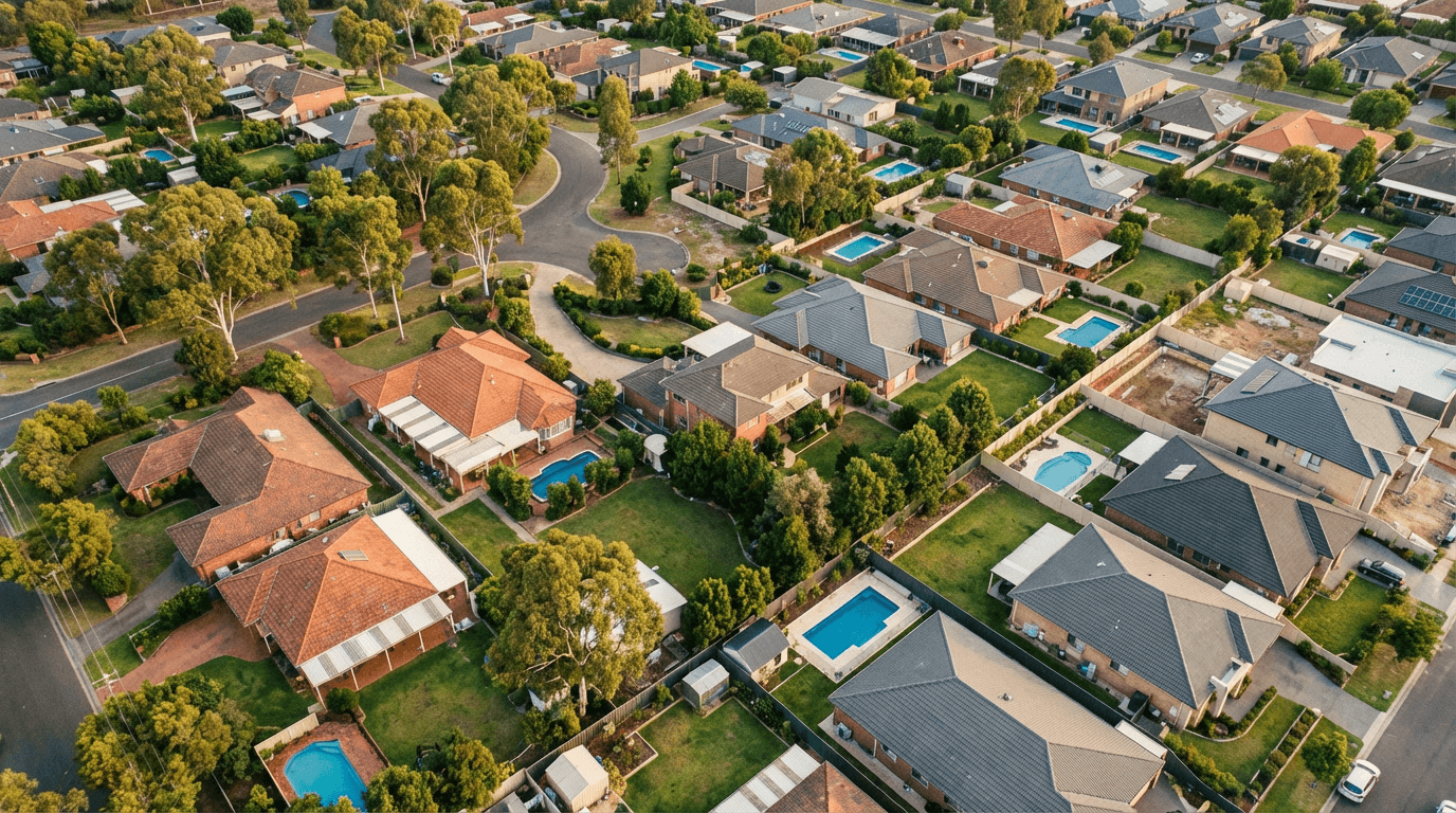 Aerial view of an Australian suburban neighbourhood showing property boundaries