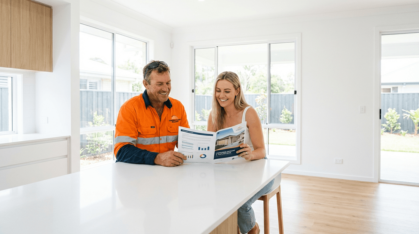 Tradie presenting a professional branded report to a homeowner